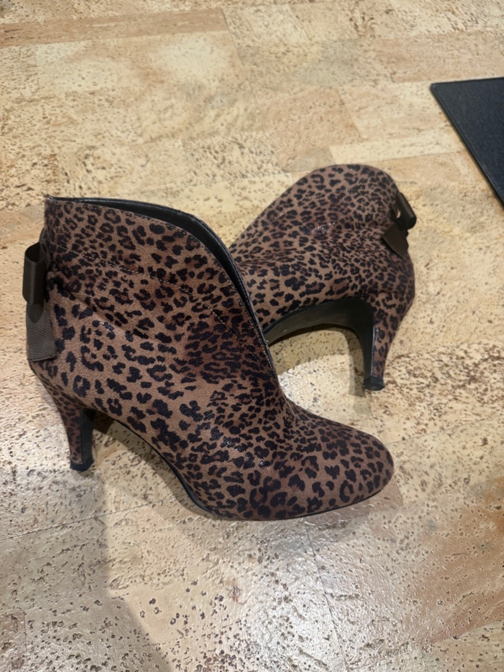 Leopard Print Ankle Booties with Bow Accent - Brown